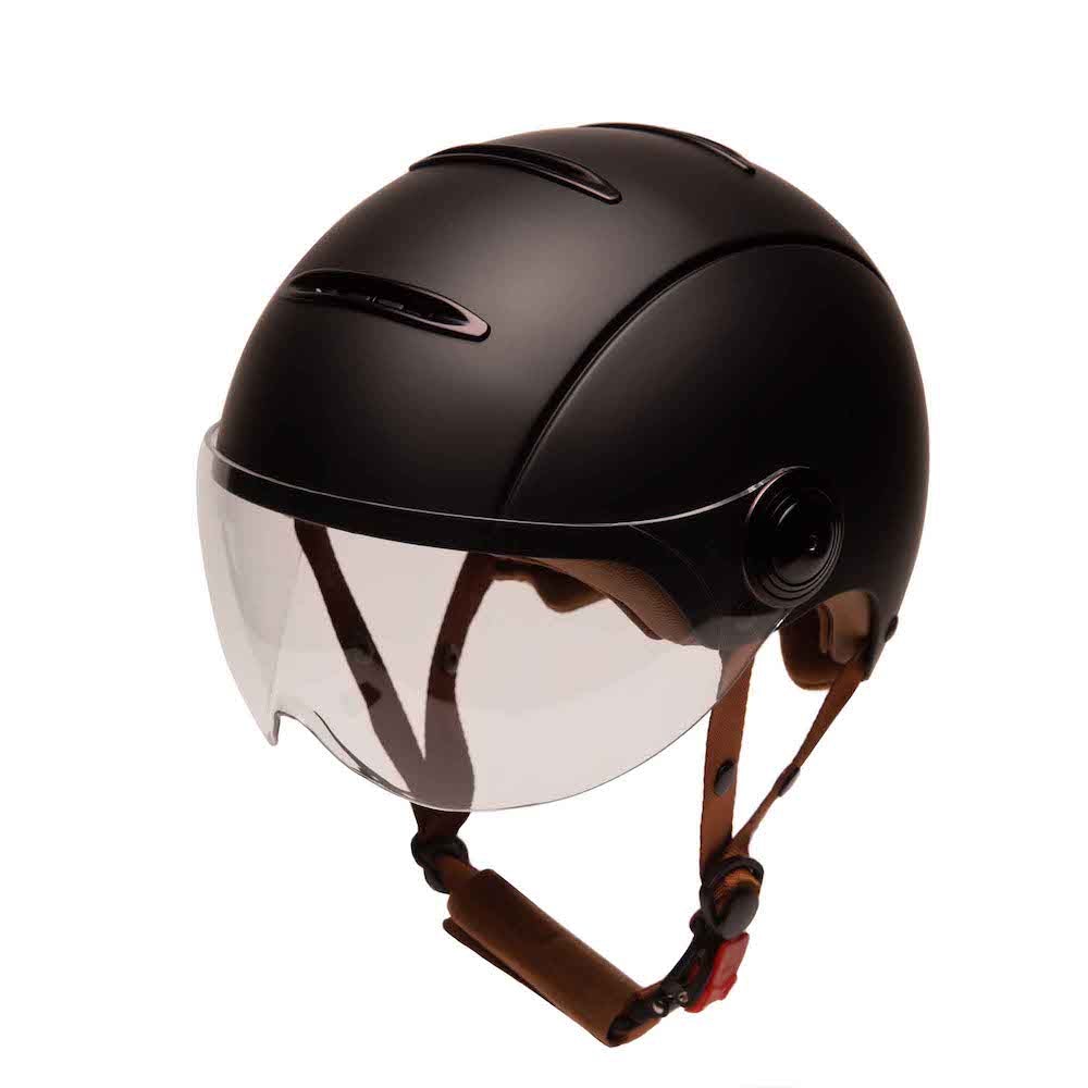 Casque Vélo Urbain Mârkö Helmet Tandem Noir vue de 3/4 avant avec visière baissée